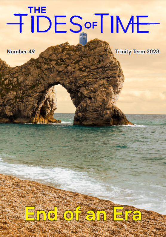 Durdle Door appears on the cover of The Tides of Time 49, with the TARDIS perched on top.
